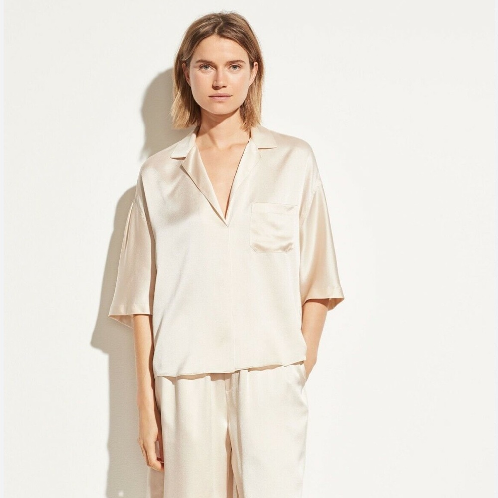 VINCE Silk Pajama Shirt Blouse in Pale Alder (cream)